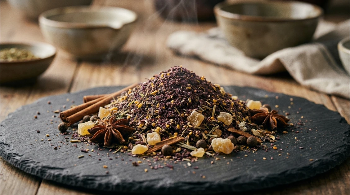 Imagine principală: Un aranjament elegant de condimente exotice, inclusiv za'atar și sumac, gata să transforme preparatele