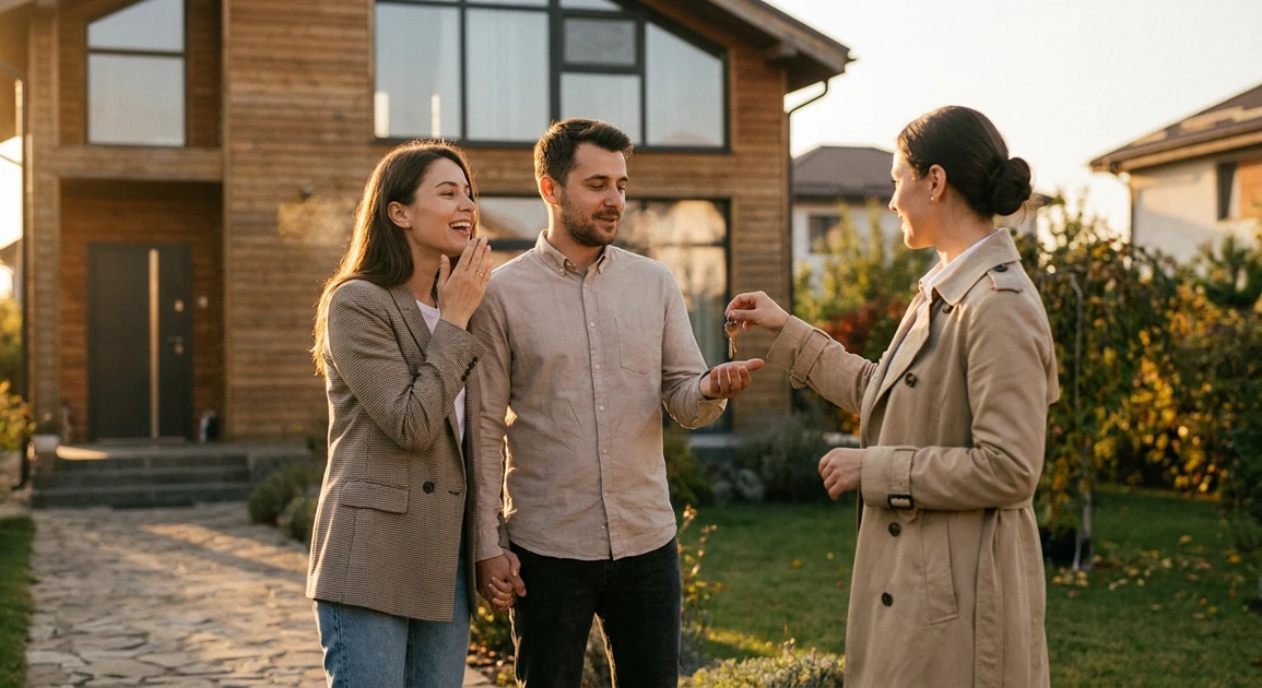 O achiziție imobiliară fără stres, coordonată de un consultant dedicat Consultant imobiliar zâmbitor prezintă contractul unui cuplu relaxat la masa de negocieri