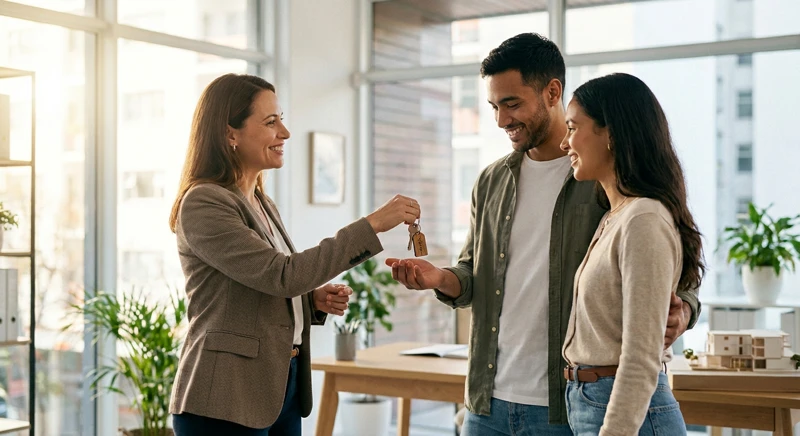 Un consultant imobiliar pentru prima casă îți transformă haosul într-un plan clar Consultant imobiliar zâmbitor discutând calm cu un client la birou, achizitie imobiliara fara stres