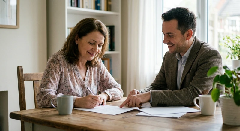 Cum cumperi o casă fără bătăi de cap: primul pas e să nu le gestionezi pe toate singur Persoană copleșită în fața documentelor imobiliare, ilustrând cât de greu e să cumperi o casă singur
