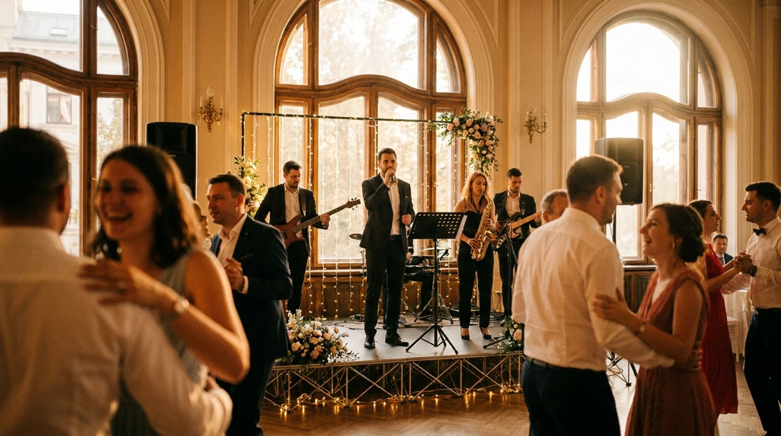 Trupa Atelier cântând la o nuntă, creând o atmosferă festivă.