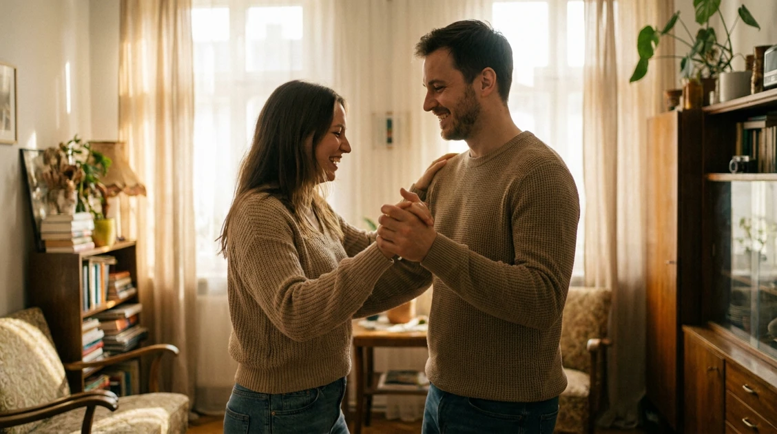 Imagine principală: Un cuplu dansează Kizomba acasă, într-un decor intim, învățând pașii de bază.