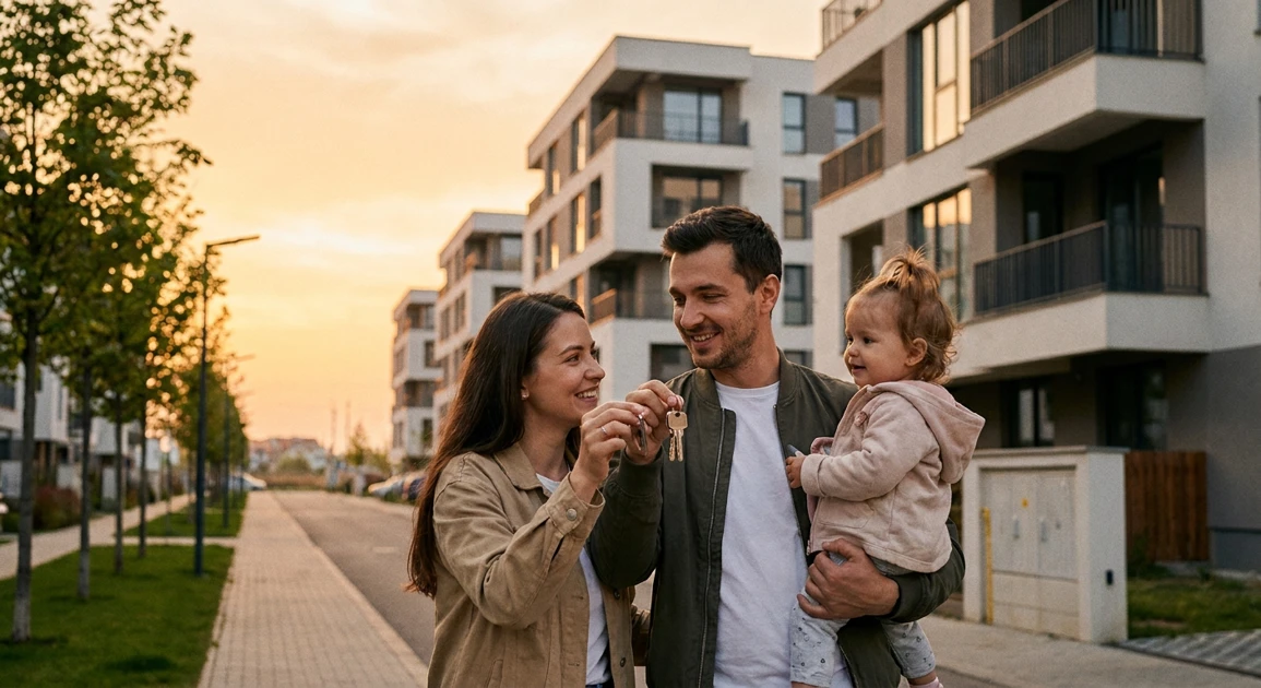 Alegerea cartierului potrivit pentru o familie tânără în 2026 Familie tânără în fața unei case moderne dintr-un cartier liniștit, potrivit pentru cumpărare casă 2026.