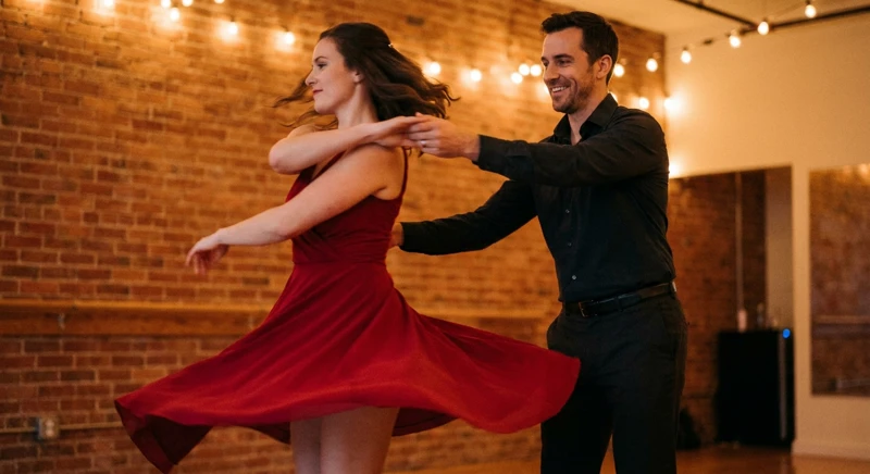 Cuplu dansând bachata strâns îmbrățișați, exprimând pasiune și conexiune ritmică pe ringul de dans