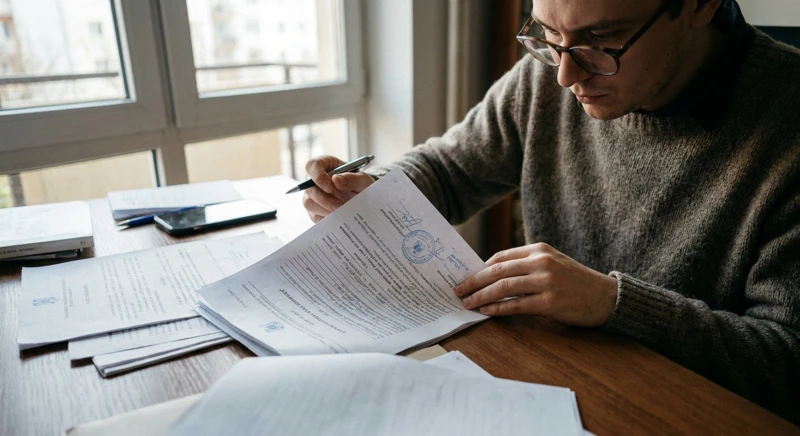 Citirea atentă a documentelor imobiliare înainte de semnare Persoană care citește documente imobiliare înainte de a semna un contract de cumpărare apartament