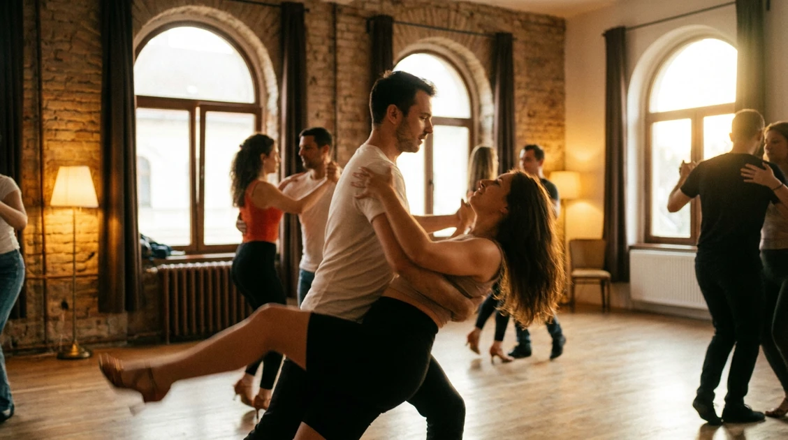 Instructor și cursanți dansând salsa într-o sală de dans din Cluj, afișând prețuri abonamente 2026