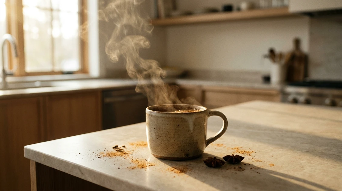 Chai latte cremos într-o cană elegantă, cu condimente și lapte spumat