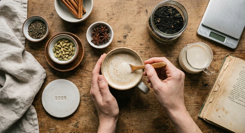 O imagine stilizată cu ingredientele principale pentru chai latte: ceai negru, scorțișoară, cardamom, cuișoare, ghimbir și o cană de lapte