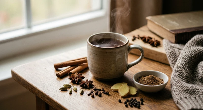 Un aranjament vizual al condimentelor întregi folosite în chai latte, incluzând scorțișoară, cardamom, ghimbir uscat și cuișoare