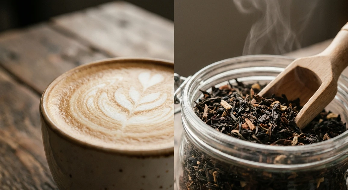 Ceai negru aromat cu mirodenii, alături de o ceașcă de chai latte cremos.