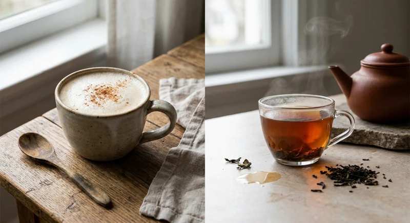 O cană aburindă de chai latte alături de un ceai autentic, evidențiind diferența.