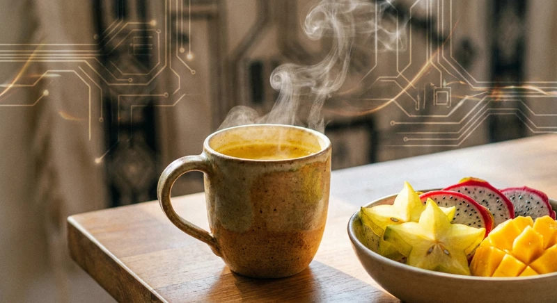 Ilustrație: Golden Milk într-o cană, cu turmeric și ghimbir